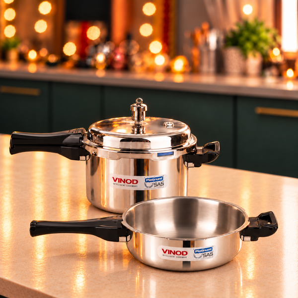 Vinod Platinum Pressure Cooker with Deep Pan Pressure Cooker & Common Lid - 2 pc Combo Set