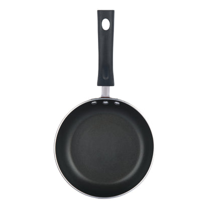 Top view of a round nonstick frying pan with a black ergonomic handle and smooth interior surface.