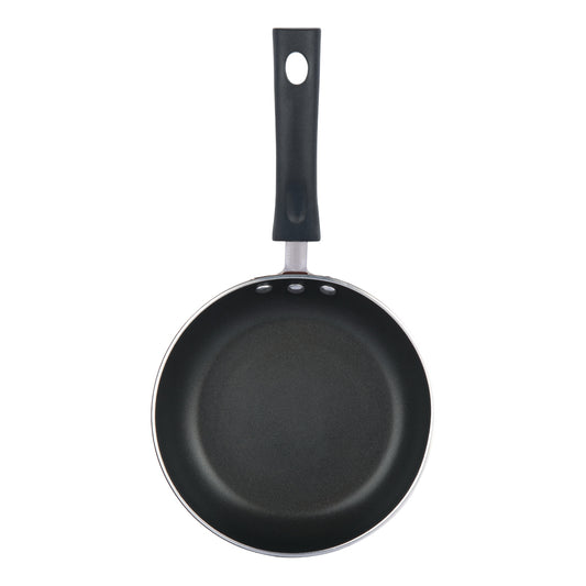 Top view of a round nonstick frying pan with a black ergonomic handle and smooth interior surface.