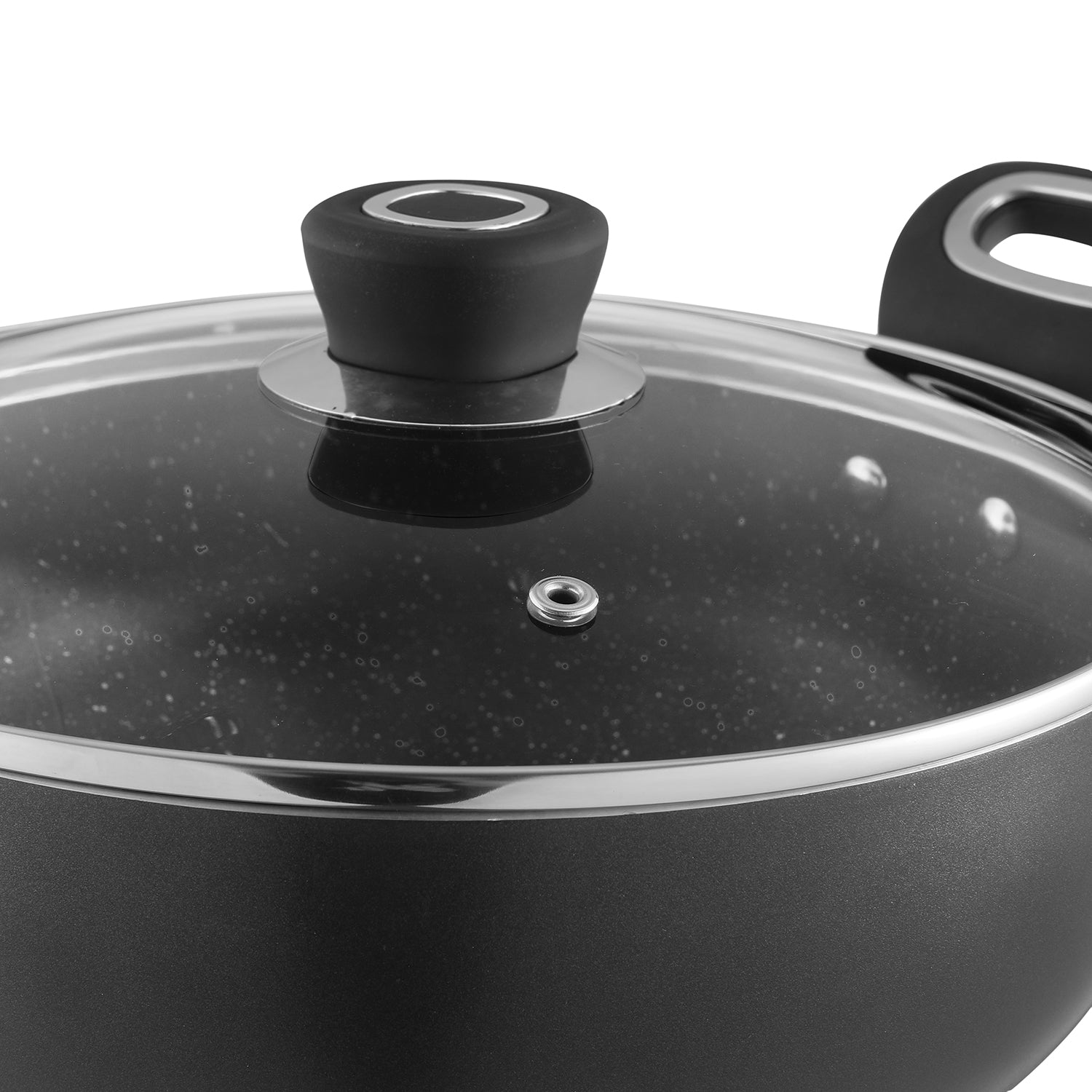 Close-up of the Marlibo Nonstick Kadai with Glass Lid featuring a heat-resistant knob and steam vent for safe cooking.
