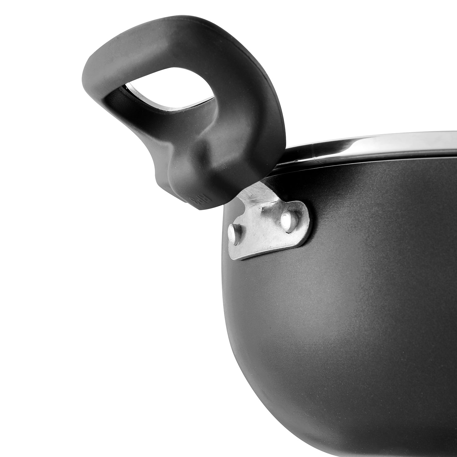 Close-up of the Marlibo Nonstick Kadai showing a sturdy side handle with secure riveted attachment for comfortable handling.