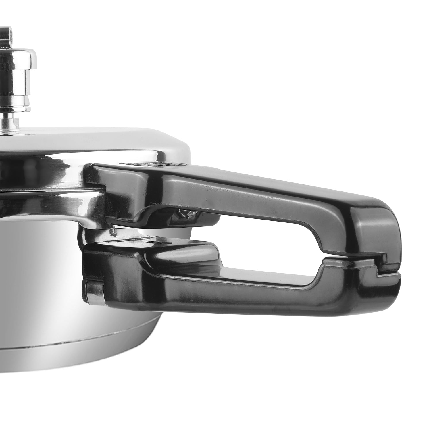 Vinod Deep Pan Pressure Cooker - Bakelite Handle Close Up, Easy to Open and Lift, Riveted for Durability | Vinod Cookware India