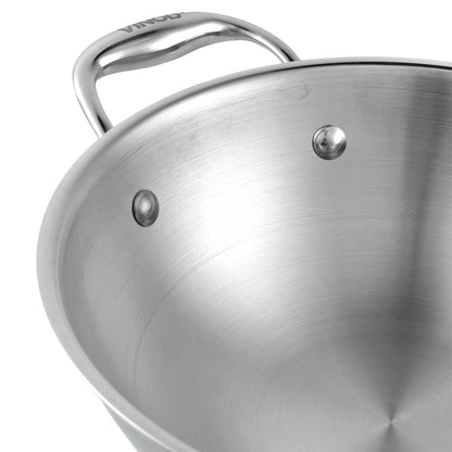 tri ply cookware, heavy bottom kadai, stainless steel cooking pot, durable kadai, even heat distribution kadai,