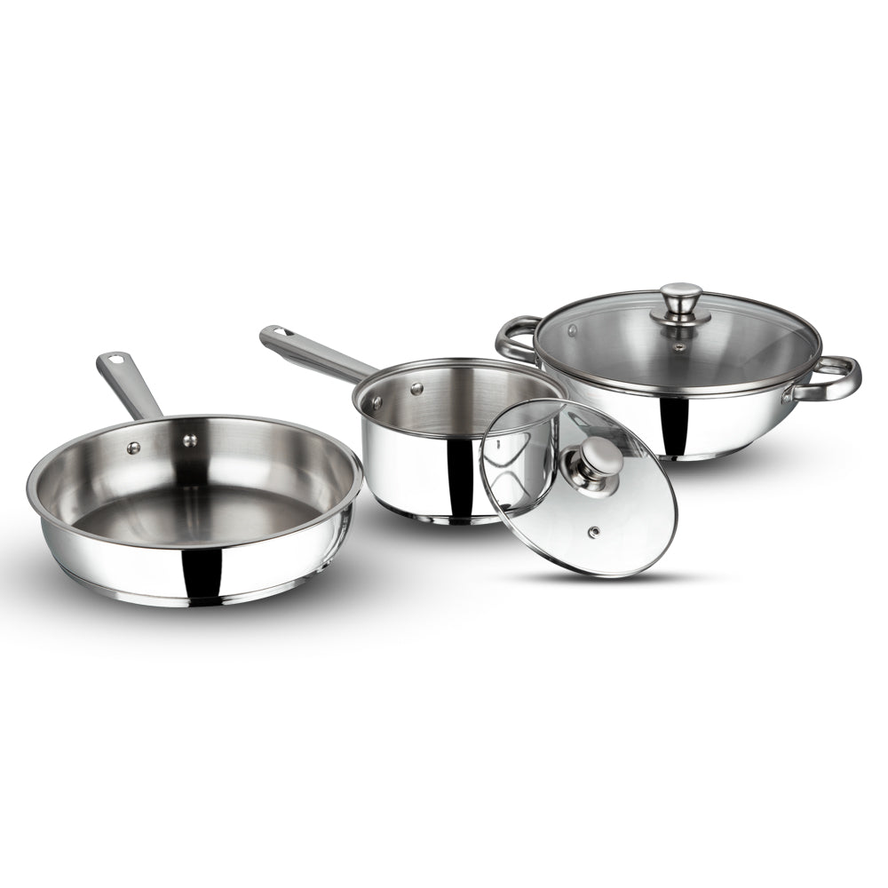 Vinod Modena 3pc Set - Frypan Saucepan and Kadai with Glass Lid Induction Safe | Vinod Cookware