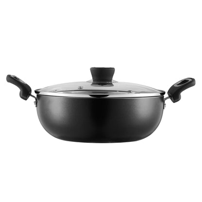 Marlibo Nonstick Kadai with Glass Lid and sturdy side handles, ideal for deep cooking and everyday kitchen use.