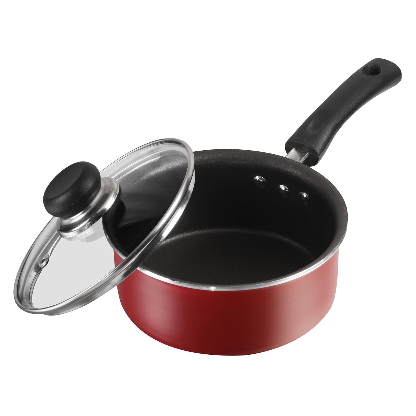 nonstick saucepan with glass lid and black ergonomic handle, designed for convenient everyday cooking.