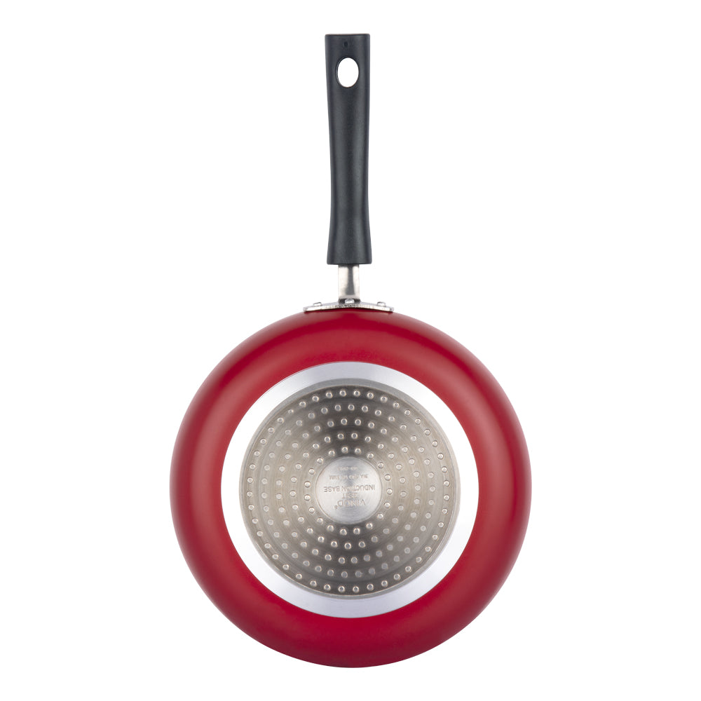 Bottom view of a red nonstick frying pan featuring an induction-compatible base and sturdy black handle.