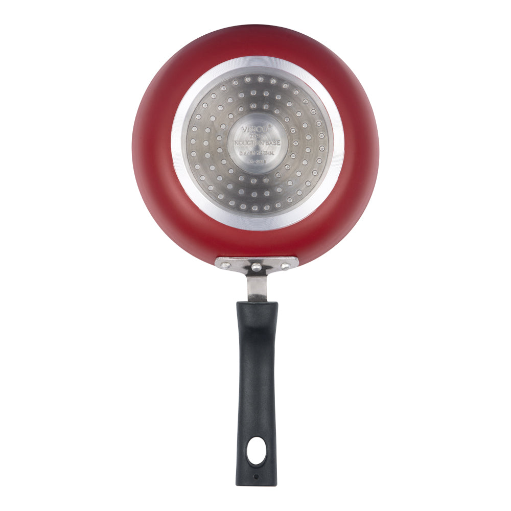 Bottom view of a red frying pan showing a durable induction-compatible base with a black ergonomic handle.