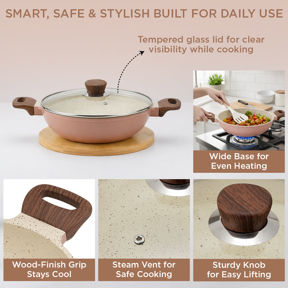 Vinod Ceravit Kadai - Grid Style Hero Shot Desert Rose with Glass Lid | Vinod Cookware