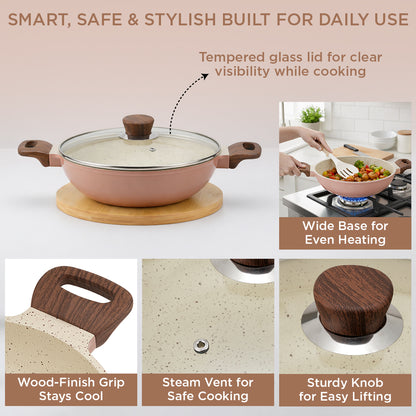 Vinod Ceravit Kadai - Grid Style Hero Shot Desert Rose with Glass Lid | Vinod Cookware