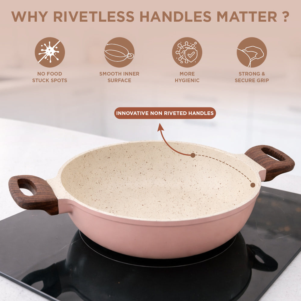 Vinod Ceravit Kadai Desert Rose - 5.2mm Thick Base Wide Induction Bottom | Vinod Cookware
