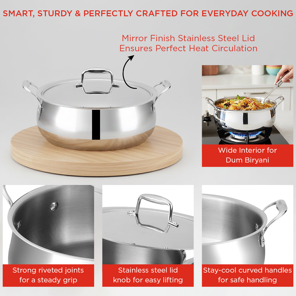 Stainless steel pot with lid on a wooden board, shown in various angles with text highlighting features. 