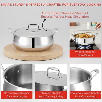 Stainless steel pot with lid on a wooden board, shown in various angles with text highlighting features. 