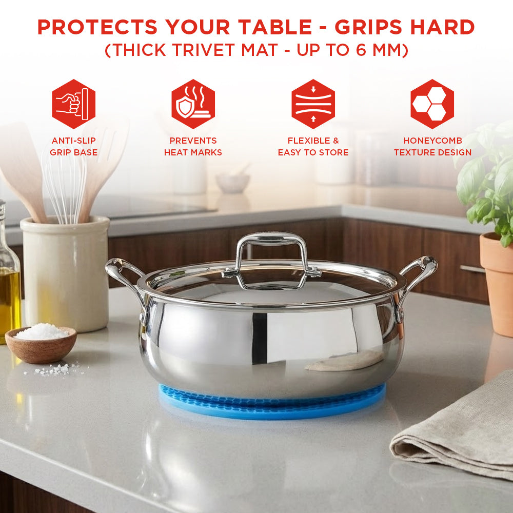 Stainless steel pot on a thick trivet mat with kitchen items in the background