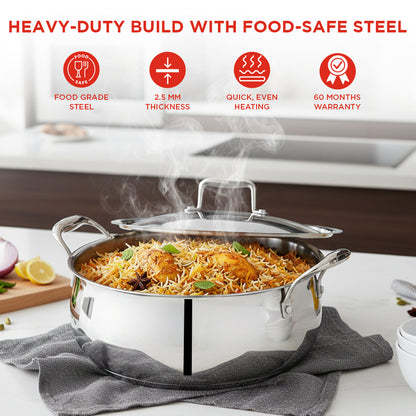 Stainless steel pot with food on a kitchen counter, featuring food-safe steel attributes.