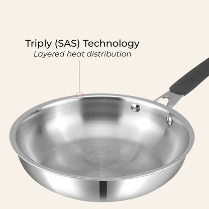 Stainless steel frying pan with 'Triply (SAS) Technology' text on a beige background