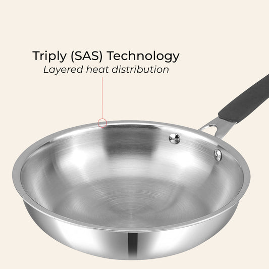 Stainless steel frying pan with 'Triply (SAS) Technology' text on a beige background