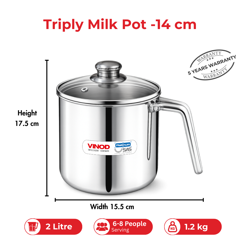 Stainless steel milk pot with dimensions and features on a white background