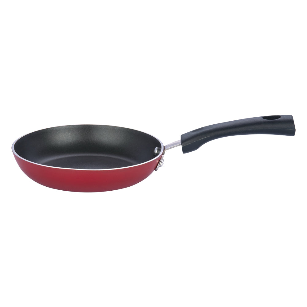 Side view of a red nonstick frying pan with a flat base and black ergonomic handle, designed for everyday cooking.