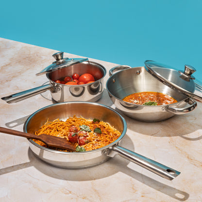 Vinod Stainless Steel Modena Cookware Set 3pc - Frypan Kadai Saucepan Induction Friendly | Vinod Cookware