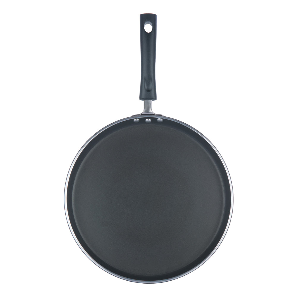 Top view of a flat nonstick tawa with a smooth cooking surface and black ergonomic handle for everyday use.