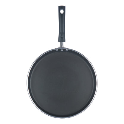 Top view of a flat nonstick tawa with a smooth cooking surface and black ergonomic handle for everyday use.