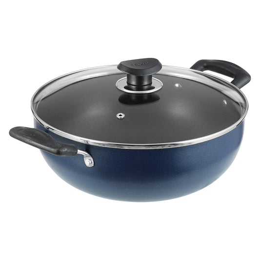 Vinod Zest Non Stick Deep Kadai - Side View with Lid | Vinod Cookware India