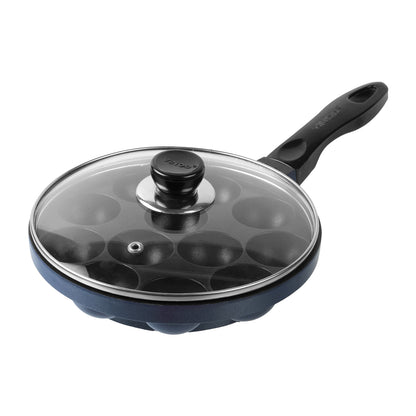 Nonstick appe pan with glass lid and ergonomic handle, ideal for making healthy appams and snack recipes.