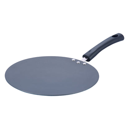 Flat nonstick tawa with a wide smooth cooking surface and black ergonomic handle, ideal for making rotis, dosas,