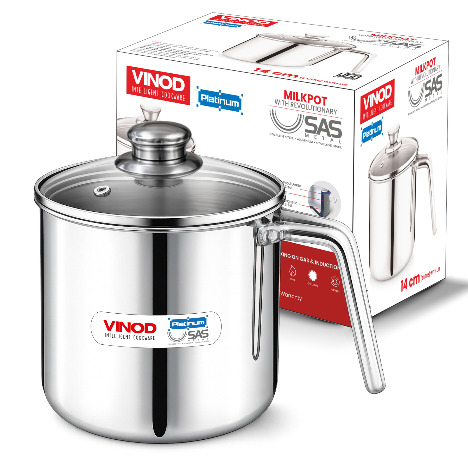 Stainless steel milk pot with handle and lid next to its packaging box on a white background