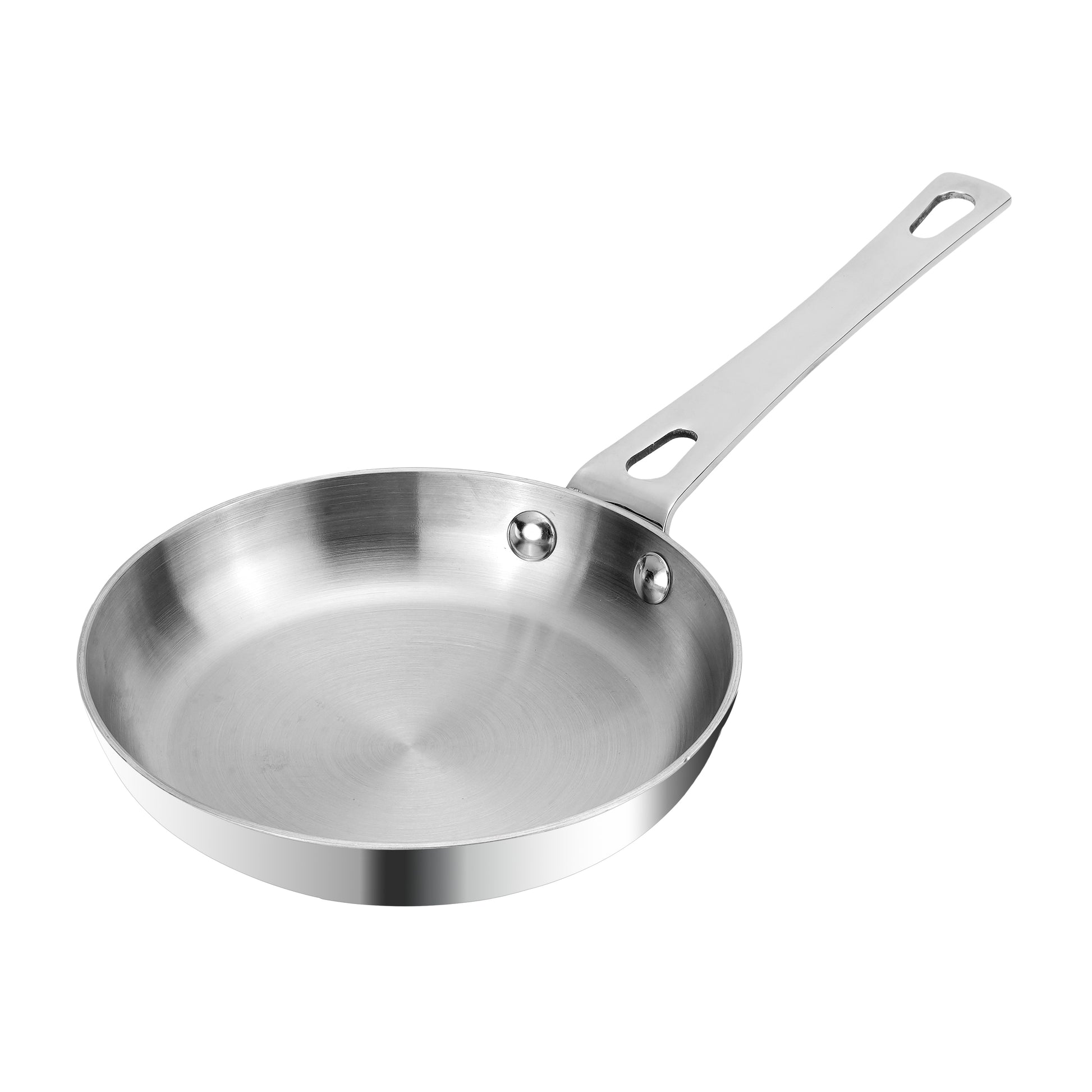 Stainless steel frying pan on a white background