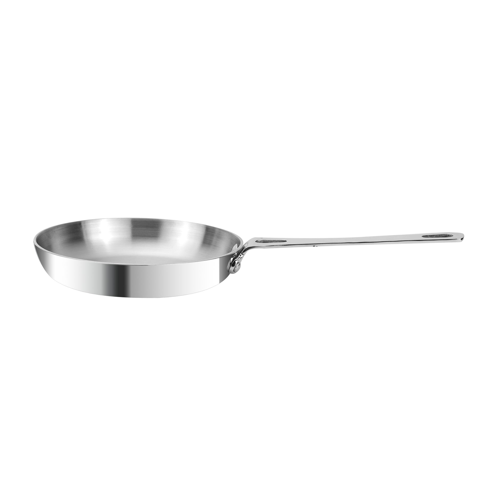 Stainless steel frying pan on a white background