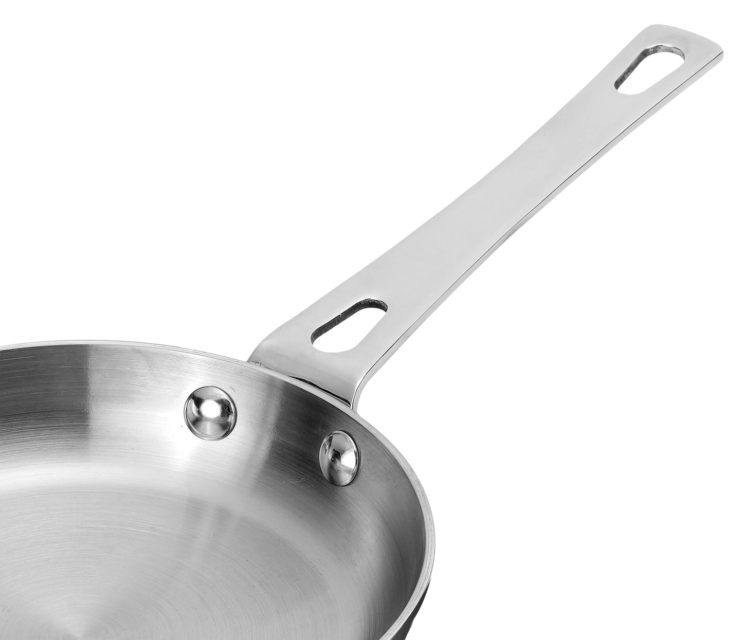 Stainless steel frying pan on a white background