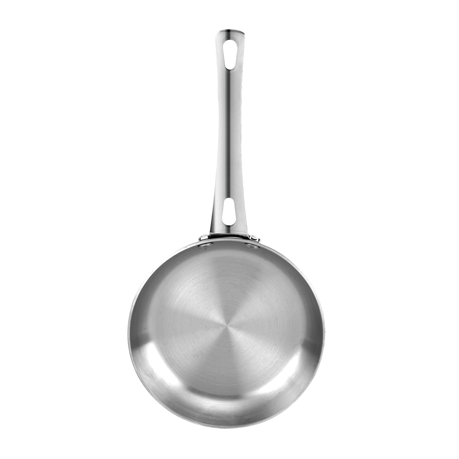 Stainless steel frying pan on a white background