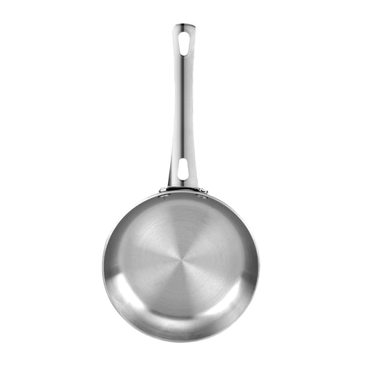 Stainless steel frying pan on a white background