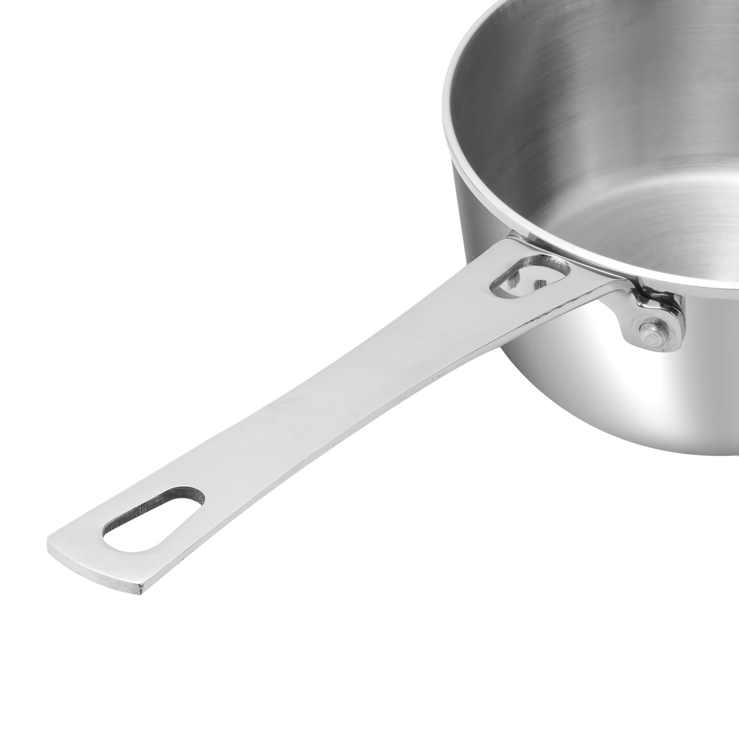 Stainless steel frying pan on a white background