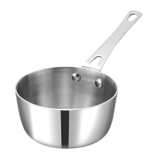 Stainless steel saucepan on a white background
