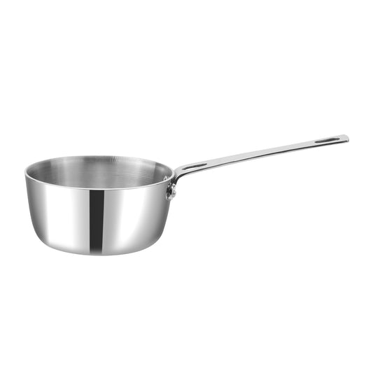 Stainless steel saucepan on a white background