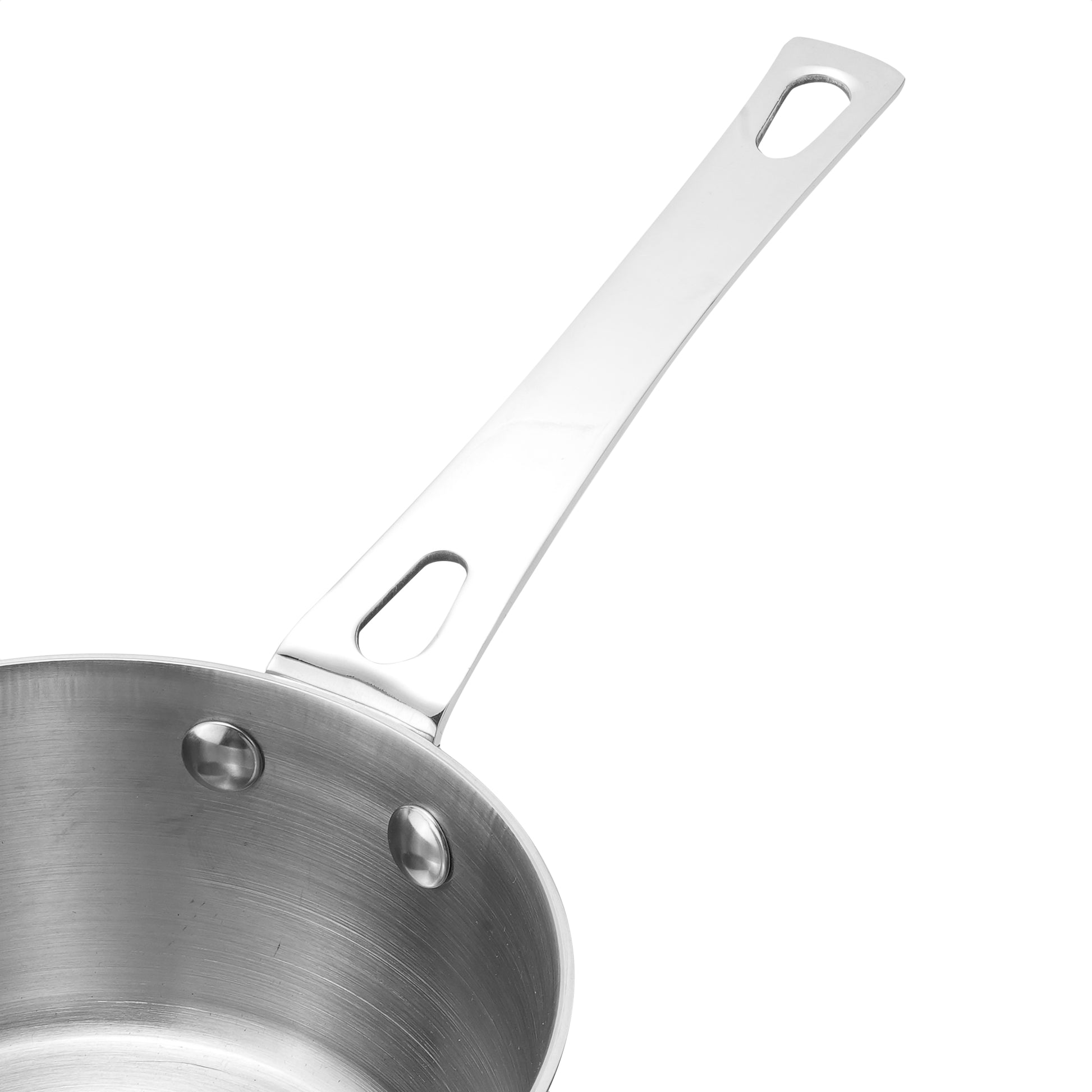 Stainless steel pot with a handle on a white background