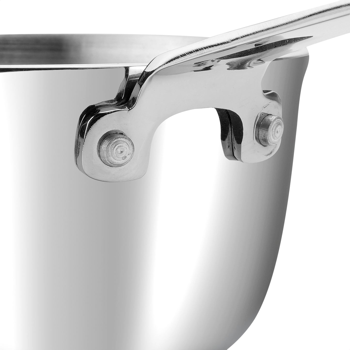 Close-up of a stainless steel pot with a lid on a white background