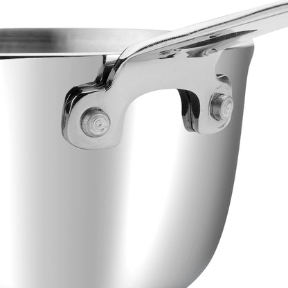 Close-up of a stainless steel pot with a lid on a white background