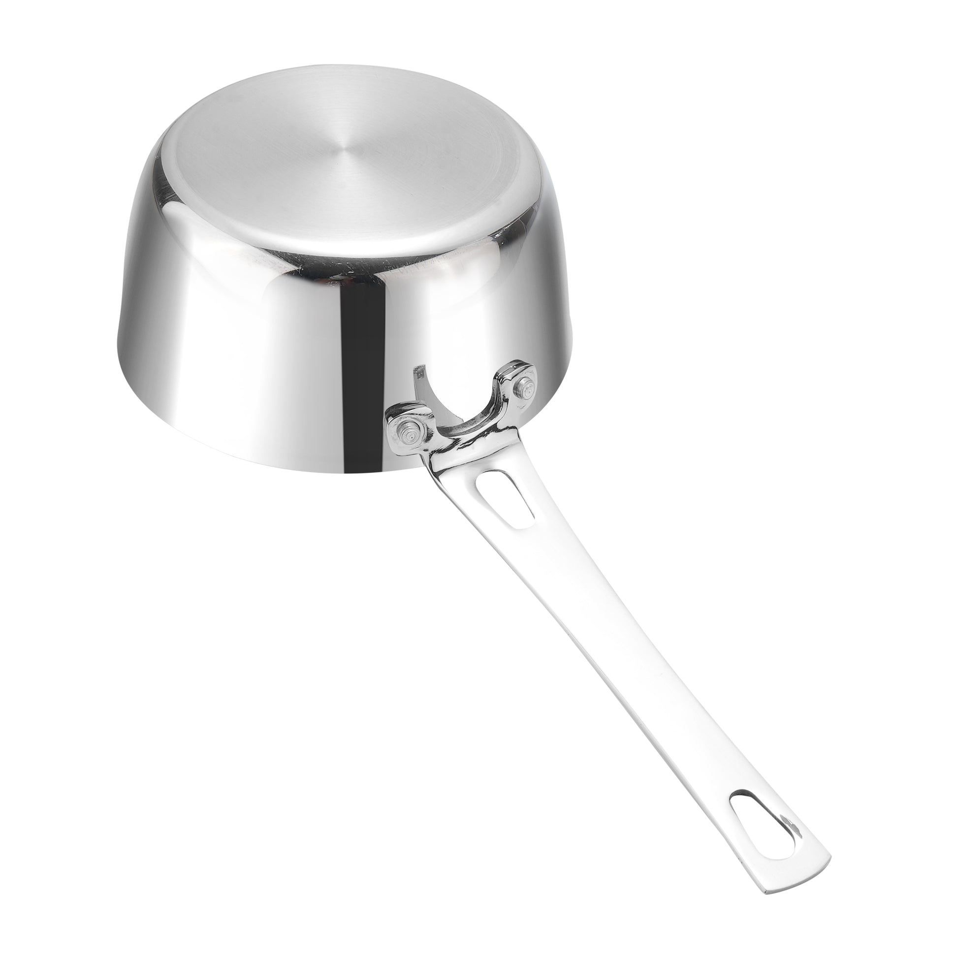 Stainless steel saucepan on a white background