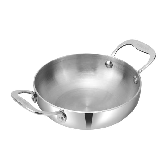 Stainless steel wok with handles on a white background