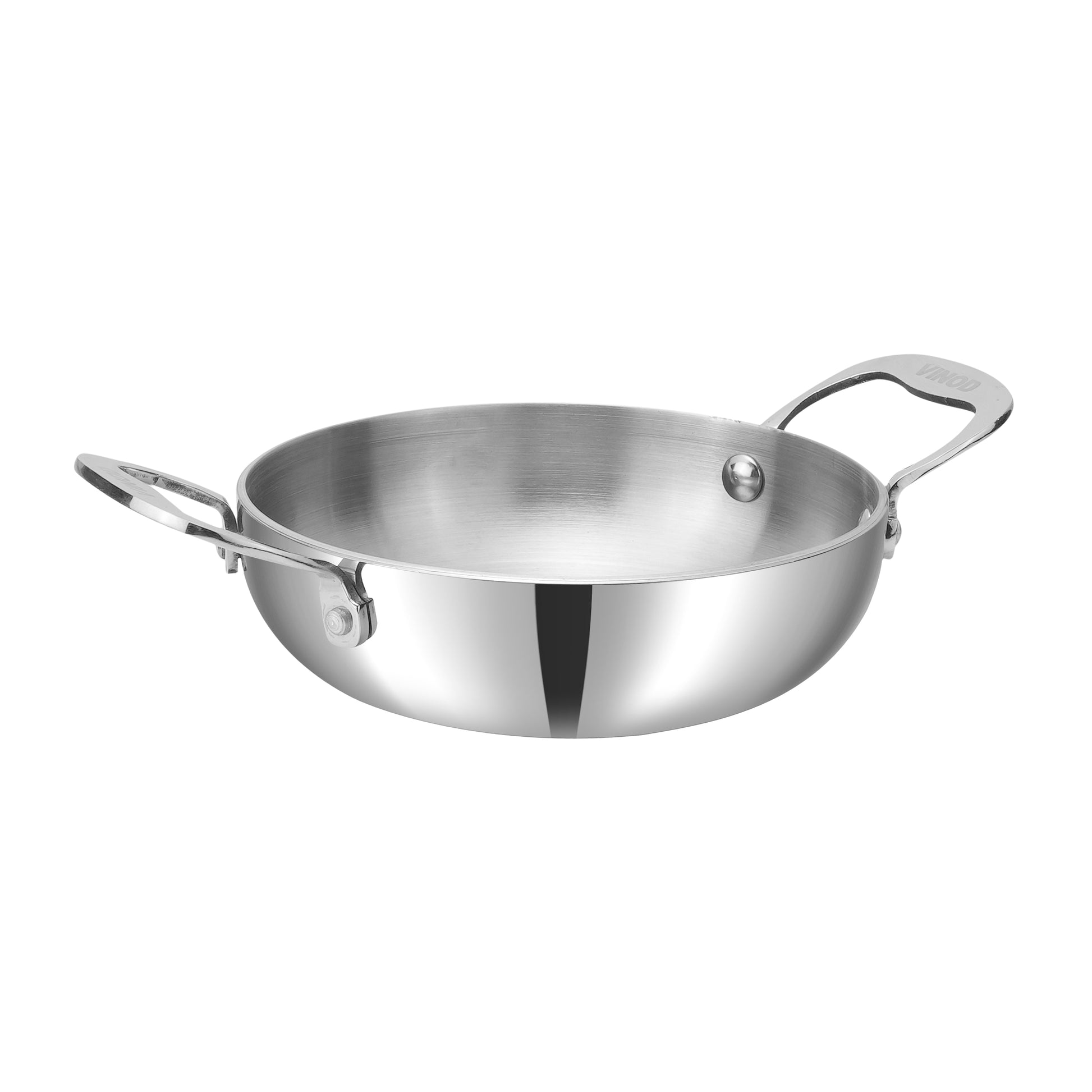 Stainless steel wok with handles on a white background
