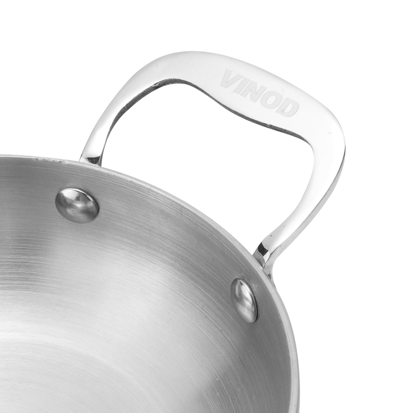 Close-up of a stainless steel pot handle with 'Wilmad' branding on a white background