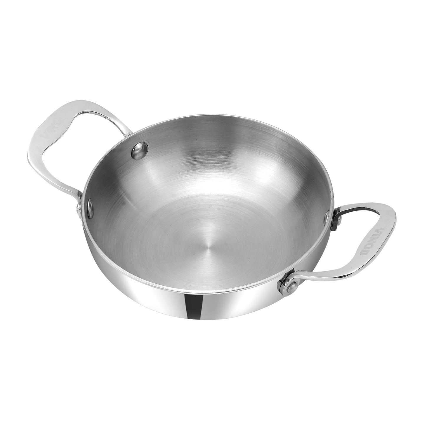 Stainless steel wok with handles on a white background
