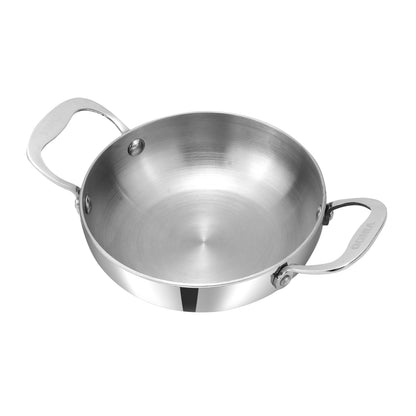 Stainless steel wok with handles on a white background
