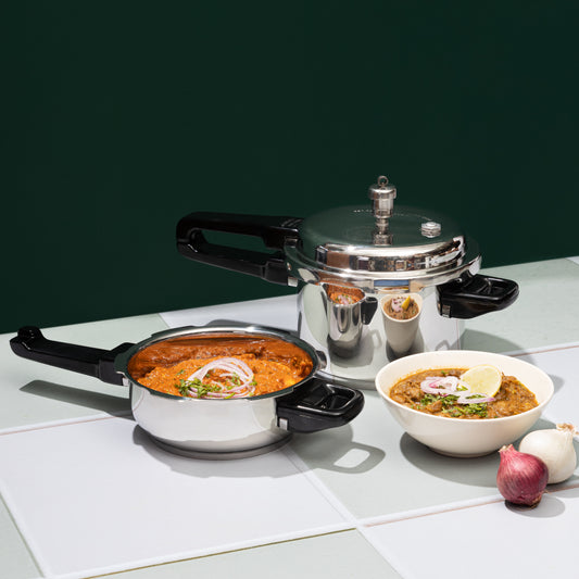 Vinod Pressure Cooker Combo Set - 18/8 Stainless Steel Body, SAS Induction Friendly Base, Gas and Induction Compatible | Vinod Cookware India
