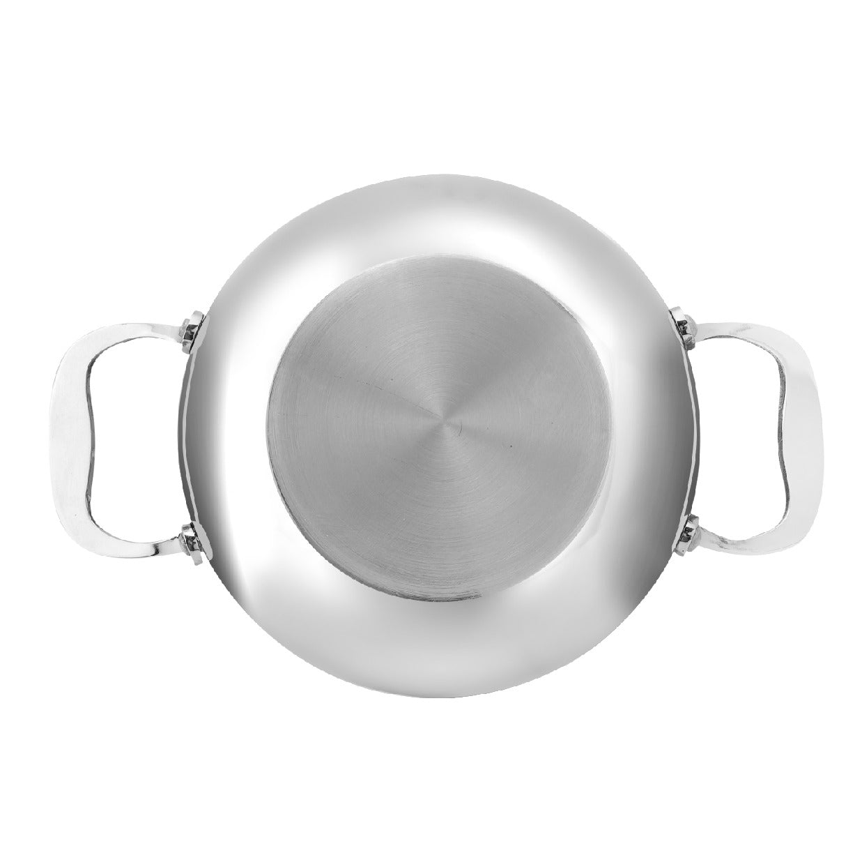 Stainless steel pot with two handles on a white background