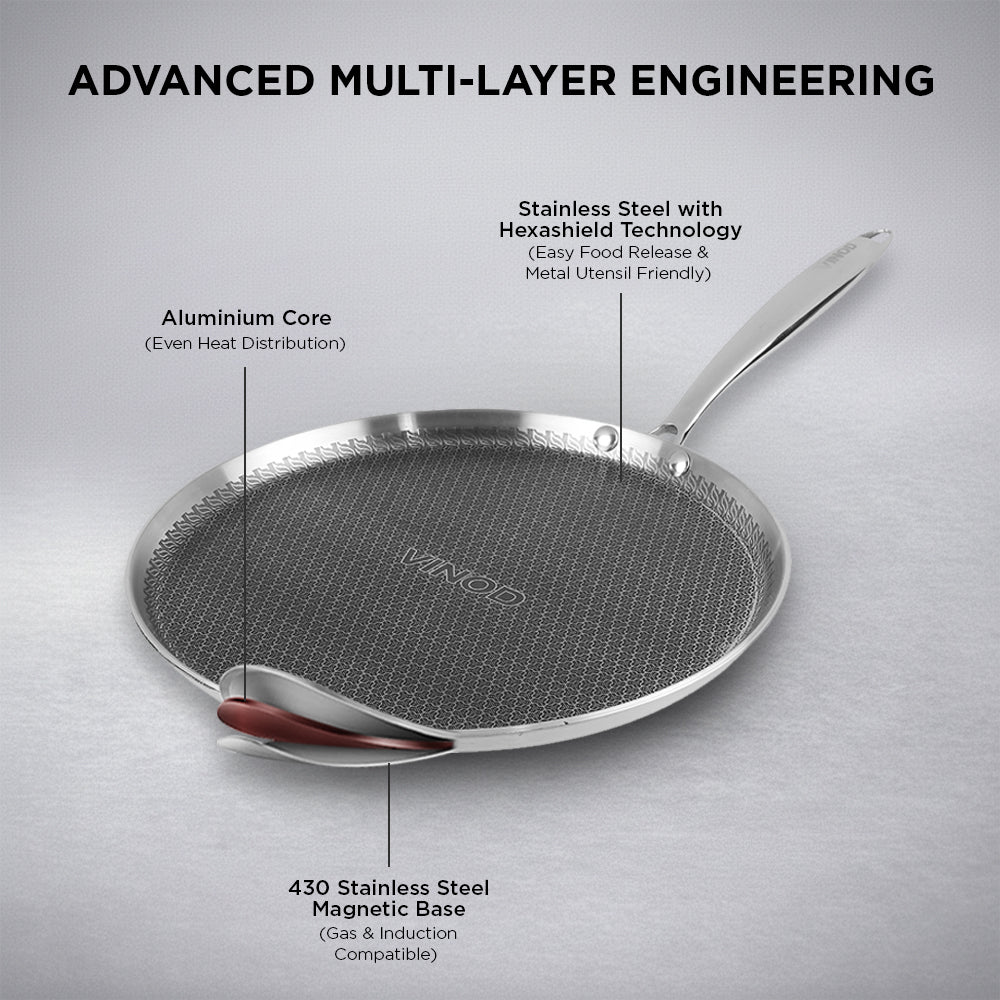 Vinod Platinum Triply SAS Pro Dosa Tawa - Cooking Top View | Vinod Cookware India